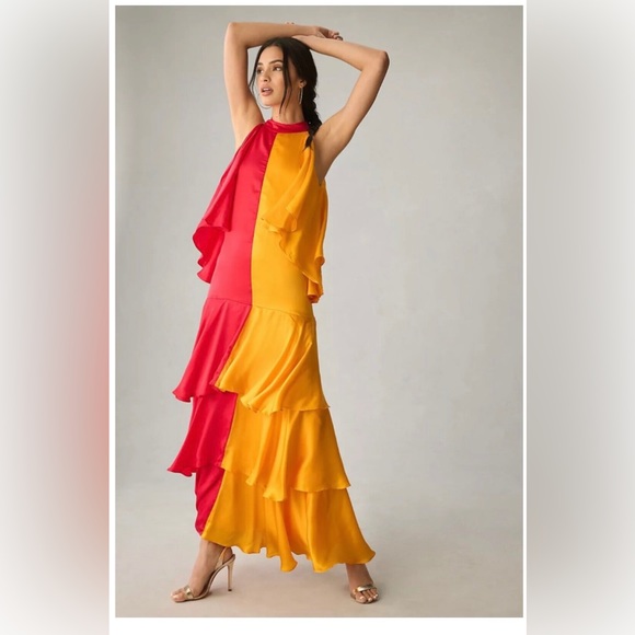 Anthropologie Pinnacle Shruti Sancheti Ruffled Dress Mock Neck Colorblock XL L - Picture 3 of 13